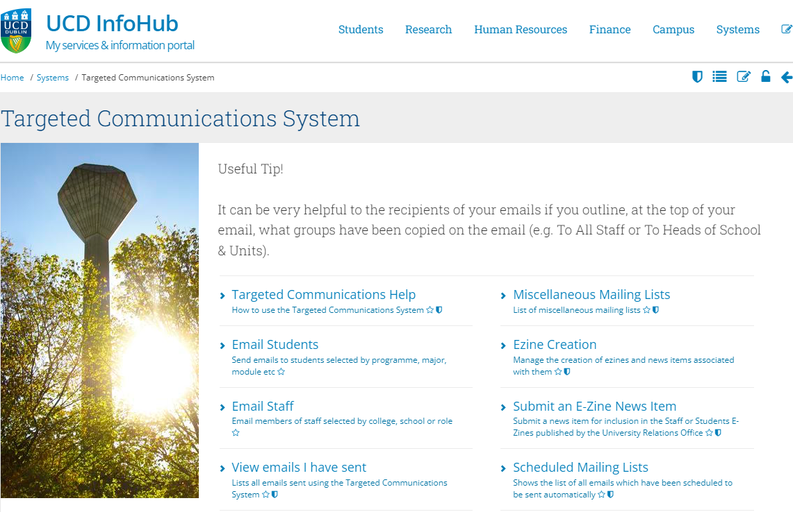 InfoHub menu describing options available withinTargeted Communications